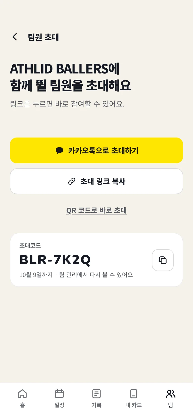 팀원 초대 화면: 카카오톡으로 초대하기, 초대 링크 복사, 초대코드